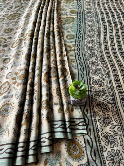 GULDASTA:MINT,HANDBLOCK PRINTED BAGRU MODAL SILK SAREE
