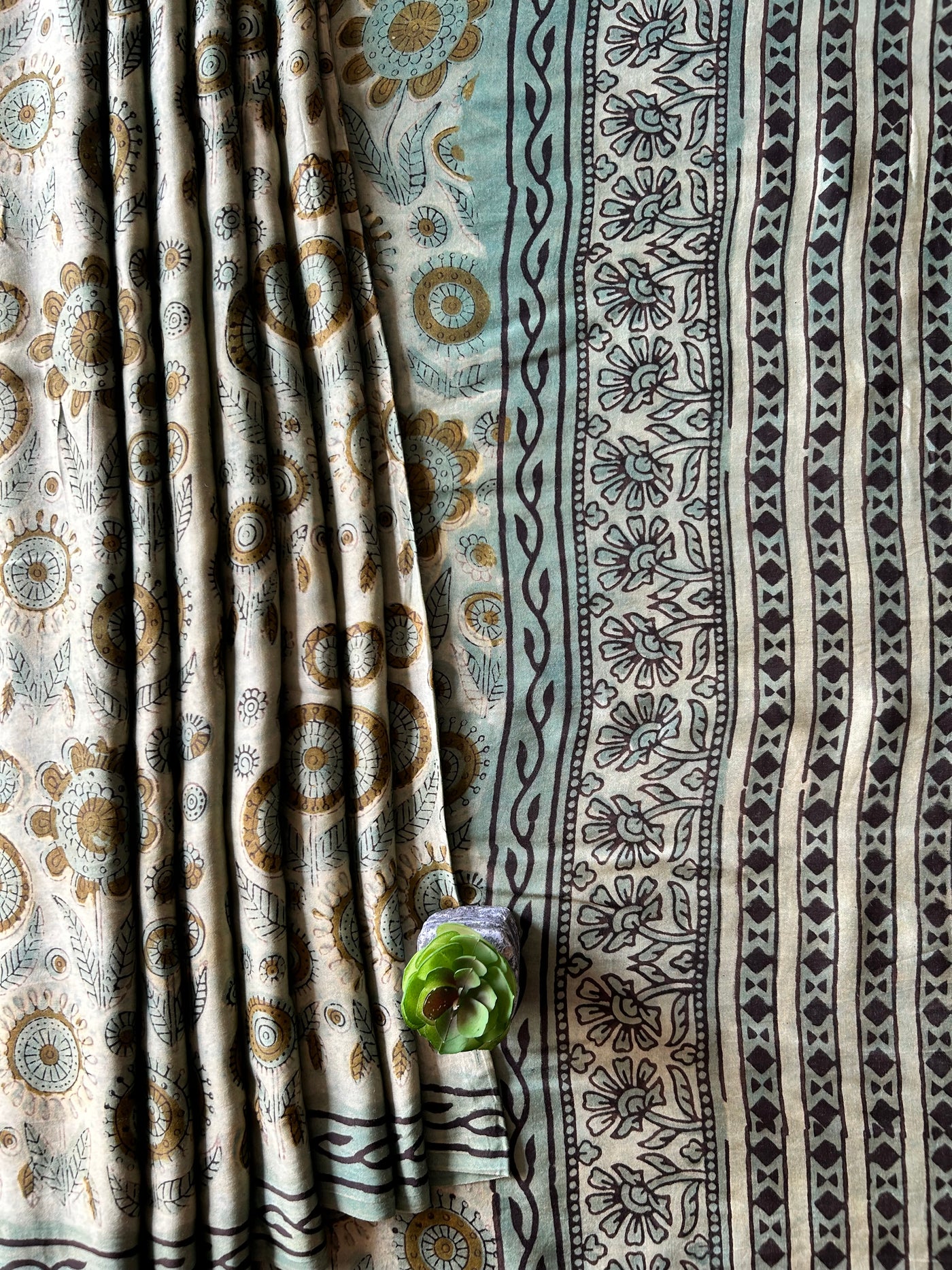 GULDASTA:MINT,HANDBLOCK PRINTED BAGRU MODAL SILK SAREE