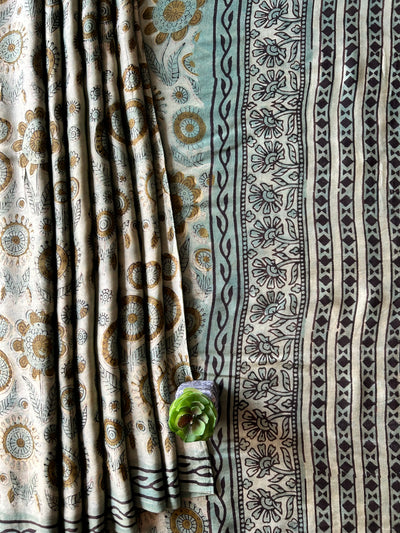 GULDASTA:MINT,HANDBLOCK PRINTED BAGRU MODAL SILK SAREE