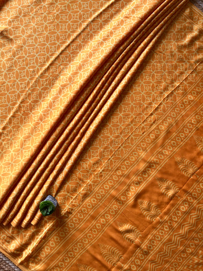Roshan:MARIGOLD,HANDBLOCK PRINTED DABU MODAL SILK SAREE