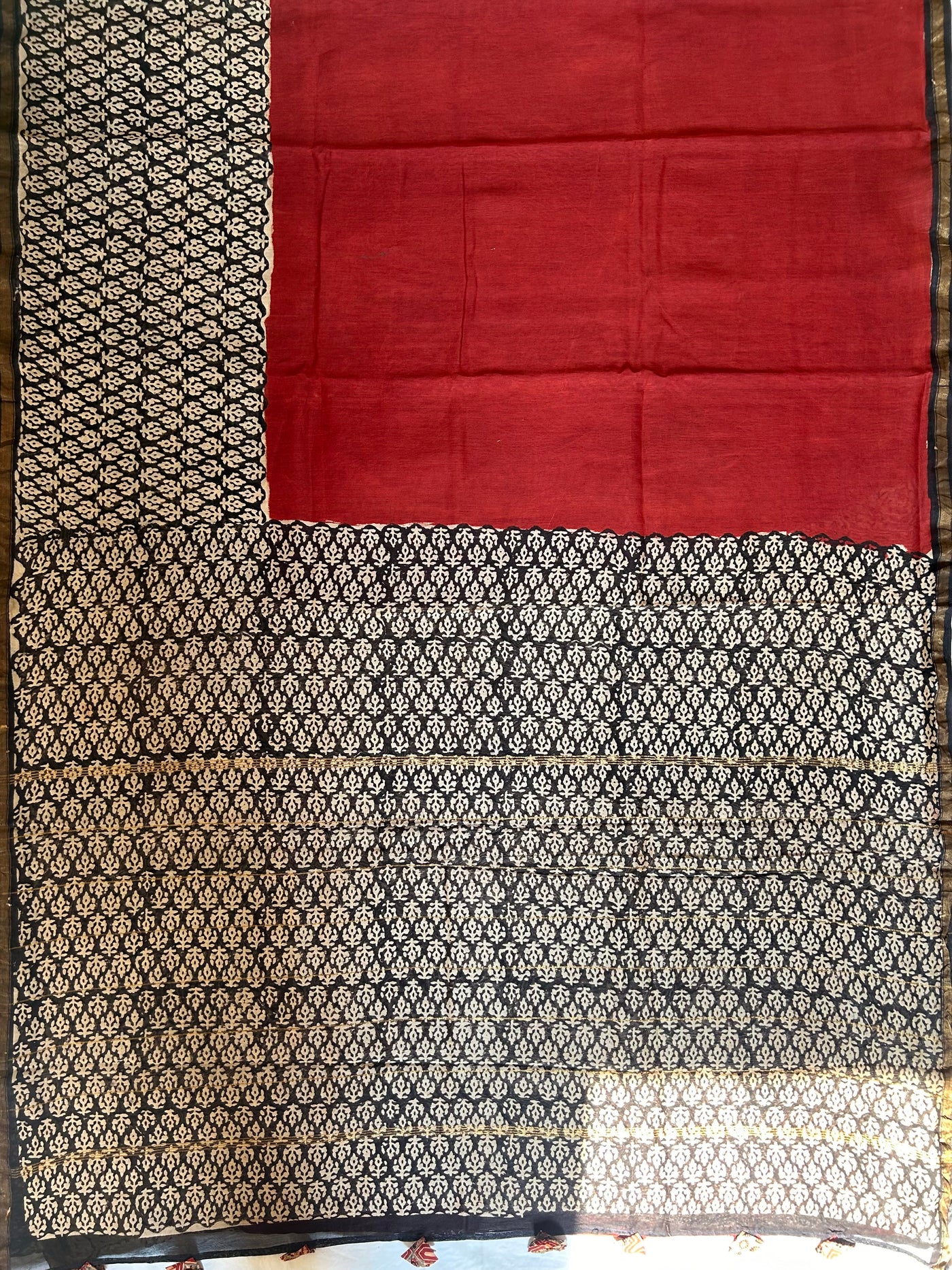 FAGUNI: HANDBLOCK BAGRU PRINT CHANDERI SILK-COTT SAREE WITH ZARI BORDER.