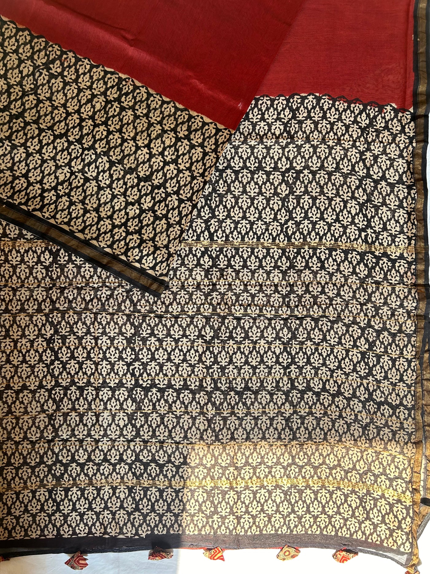 FAGUNI: HANDBLOCK BAGRU PRINT CHANDERI SILK-COTT SAREE WITH ZARI BORDER.
