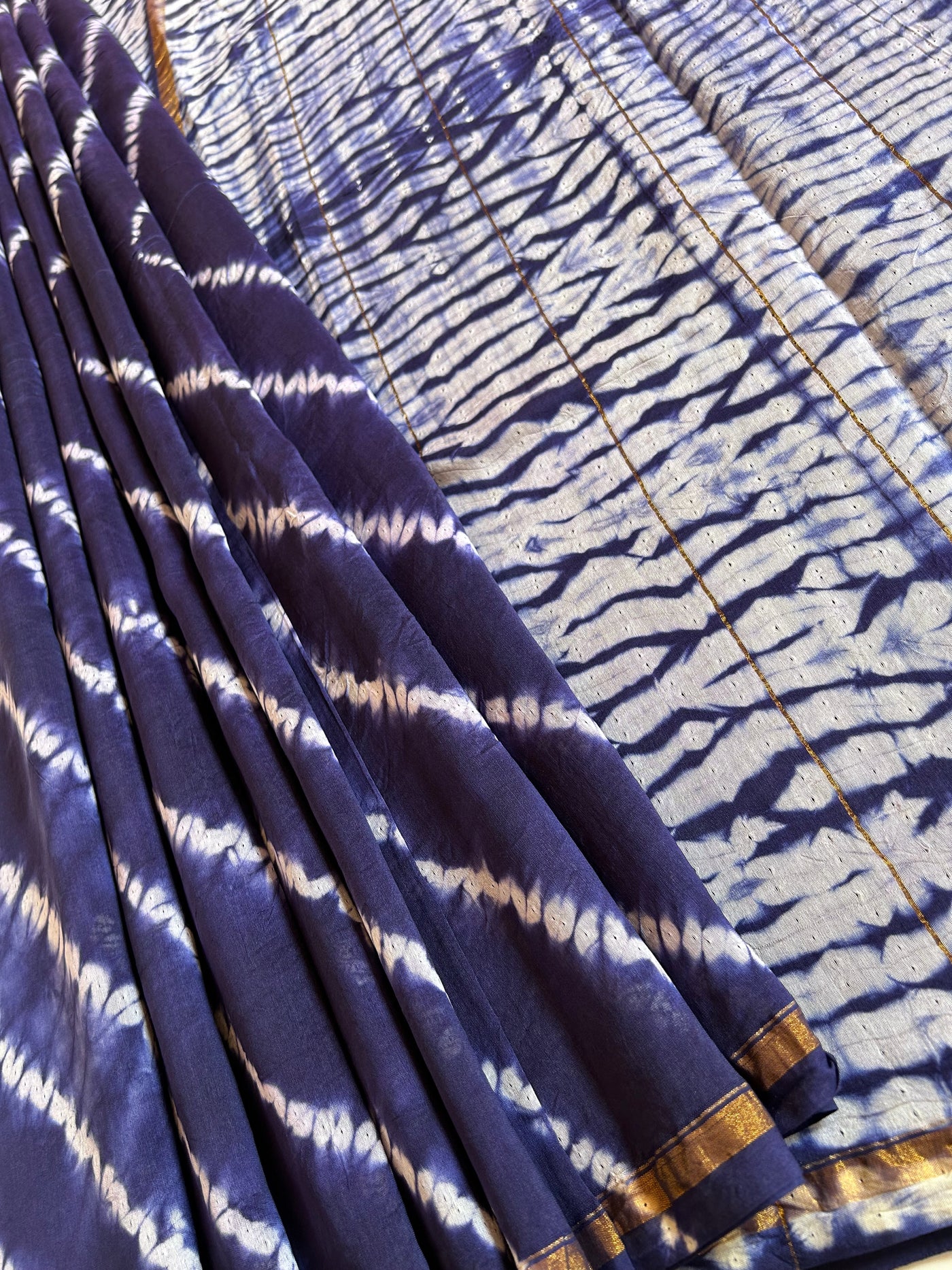 HINA: HANDMADE SHIBORI CHANDERI SILK-COTT SAREE WITH ZARI BORDER.
