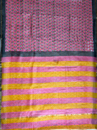 RAGINI: HANDBLOCK BAGRU PRINT CHANDERI SILK-COTT SAREE WITH ZARI BORDER.