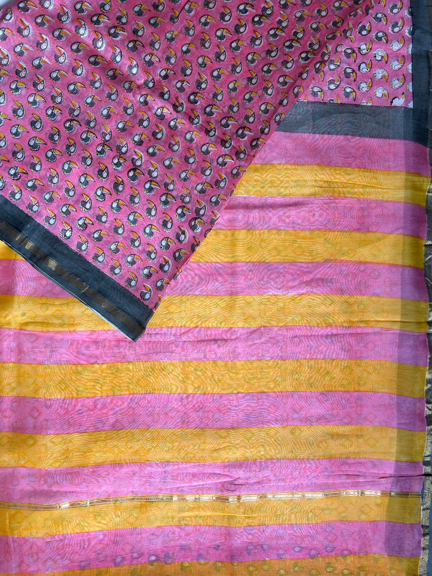 RAGINI: HANDBLOCK BAGRU PRINT CHANDERI SILK-COTT SAREE WITH ZARI BORDER.