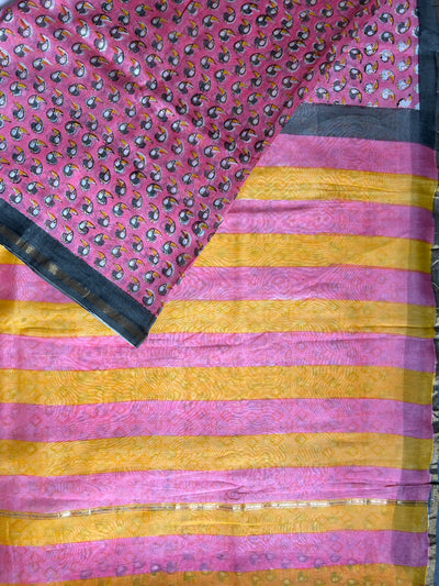 RAGINI: HANDBLOCK BAGRU PRINT CHANDERI SILK-COTT SAREE WITH ZARI BORDER.