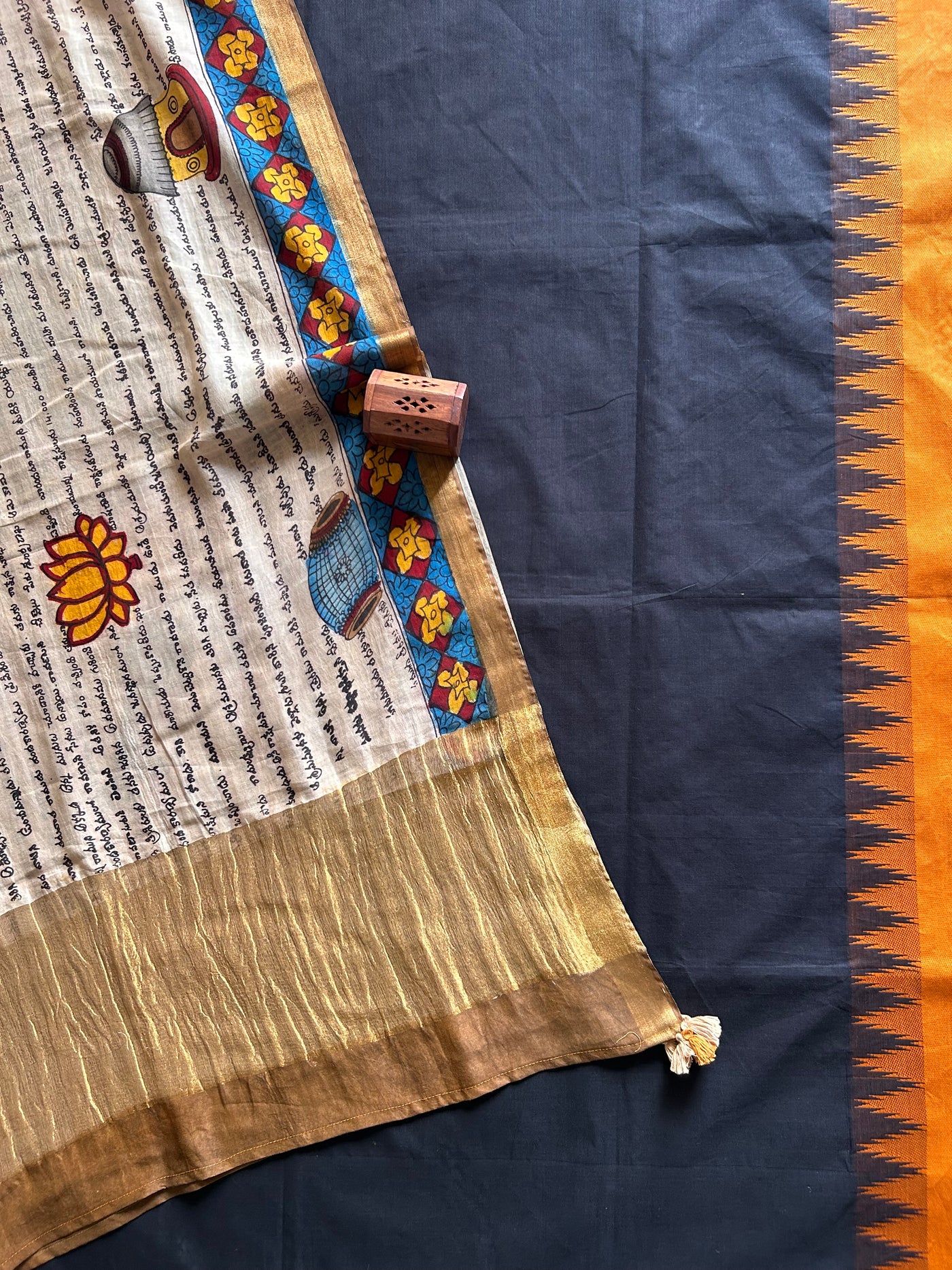 LEKHNI:BLACK,HANDDRAWN&HANDPAINTED PENKALAMKARI CHANDERI TISSUE DUPATTA WITH KANCHIPURAM COTTON SUIT SET