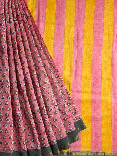 RAGINI: HANDBLOCK BAGRU PRINT CHANDERI SILK-COTT SAREE WITH ZARI BORDER.