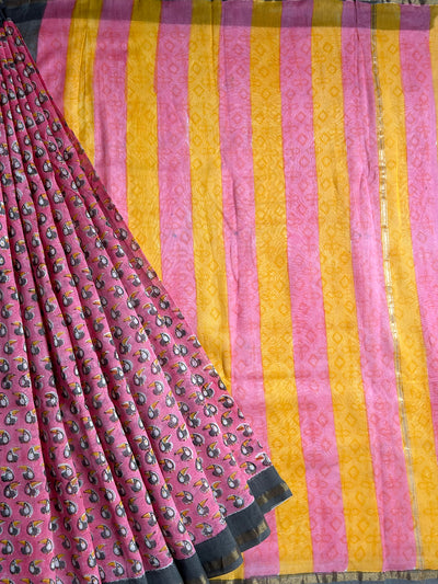 RAGINI: HANDBLOCK BAGRU PRINT CHANDERI SILK-COTT SAREE WITH ZARI BORDER.