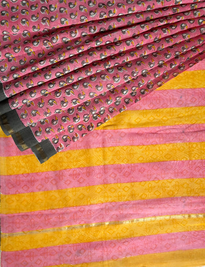 RAGINI: HANDBLOCK BAGRU PRINT CHANDERI SILK-COTT SAREE WITH ZARI BORDER.