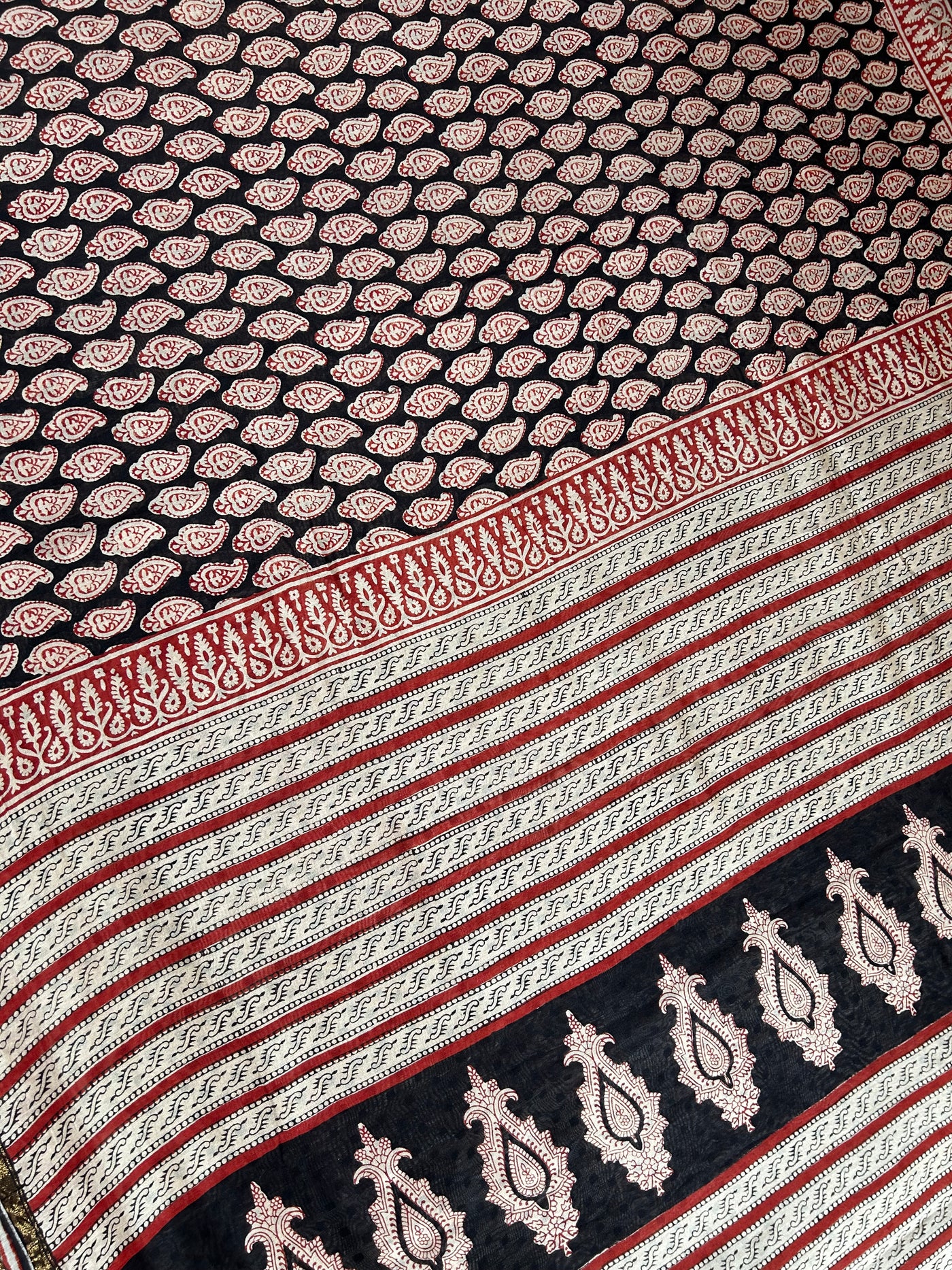 PRKATI: HANDBLOCK BAGRU PRINT CHANDERI SILK-COTT SAREE WITH ZARI BORDER.