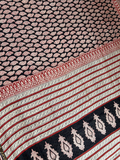 PRKATI: HANDBLOCK BAGRU PRINT CHANDERI SILK-COTT SAREE WITH ZARI BORDER.