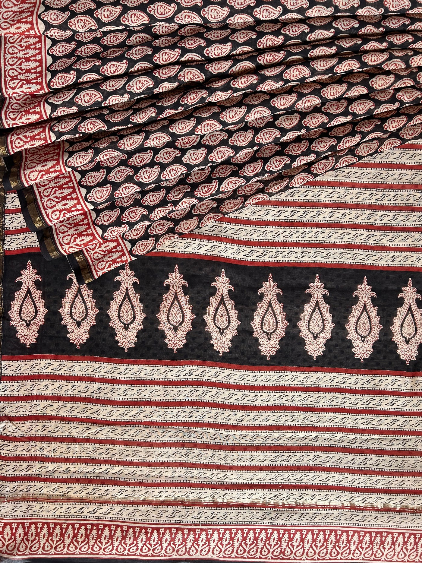 PRKATI: HANDBLOCK BAGRU PRINT CHANDERI SILK-COTT SAREE WITH ZARI BORDER.