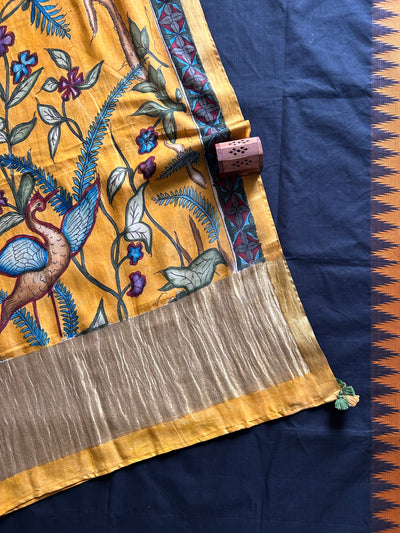 HANSHNI:BLACK,HANDDRAWN&HANDPAINTED PENKALAMKARI CHANDERI TISSUE DUPATTA WITH KANCHIPURAM COTTON SUIT SET