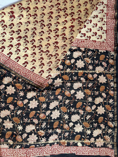 TANU: HANDBLOCK BAGRU PRINT CHANDERI SILK-COTT SAREE WITH ZARI BORDER.