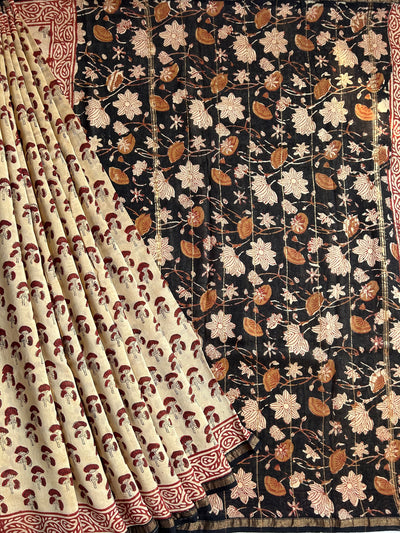 TANU: HANDBLOCK BAGRU PRINT CHANDERI SILK-COTT SAREE WITH ZARI BORDER.