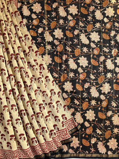 TANU: HANDBLOCK BAGRU PRINT CHANDERI SILK-COTT SAREE WITH ZARI BORDER.