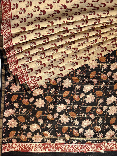 TANU: HANDBLOCK BAGRU PRINT CHANDERI SILK-COTT SAREE WITH ZARI BORDER.