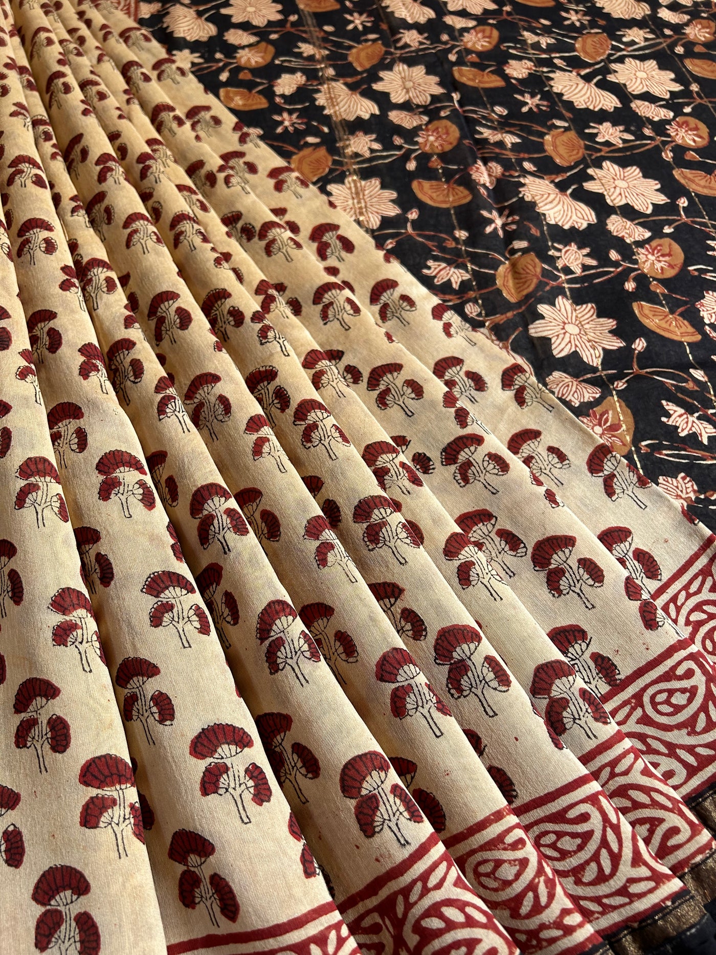 TANU: HANDBLOCK BAGRU PRINT CHANDERI SILK-COTT SAREE WITH ZARI BORDER.