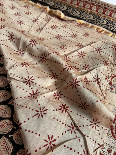 SITARA: HANDBLOCK BAGRU PRINT CHANDERI SILK-COTT SAREE WITH ZARI BORDER.