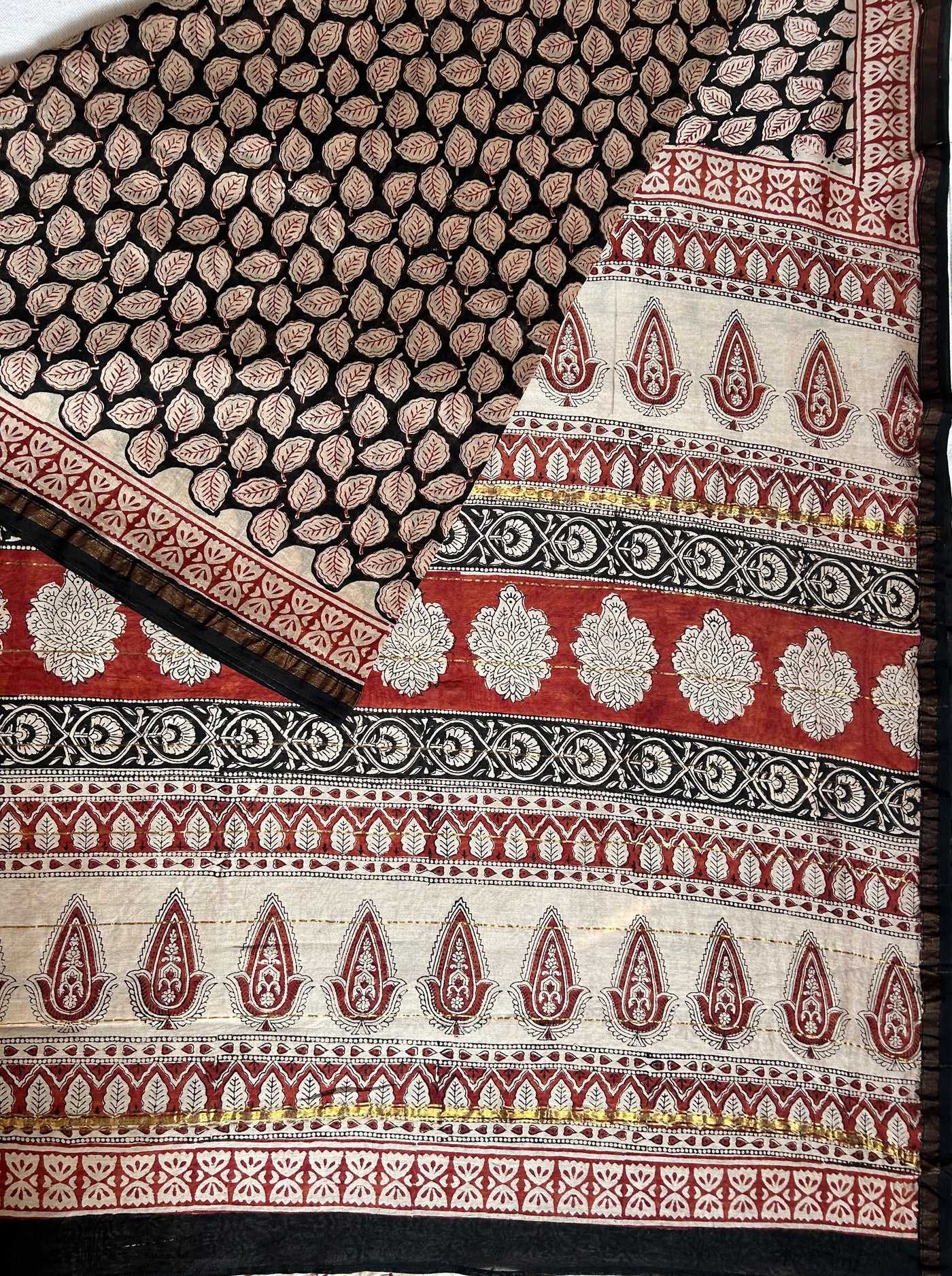 SITARA: HANDBLOCK BAGRU PRINT CHANDERI SILK-COTT SAREE WITH ZARI BORDER.