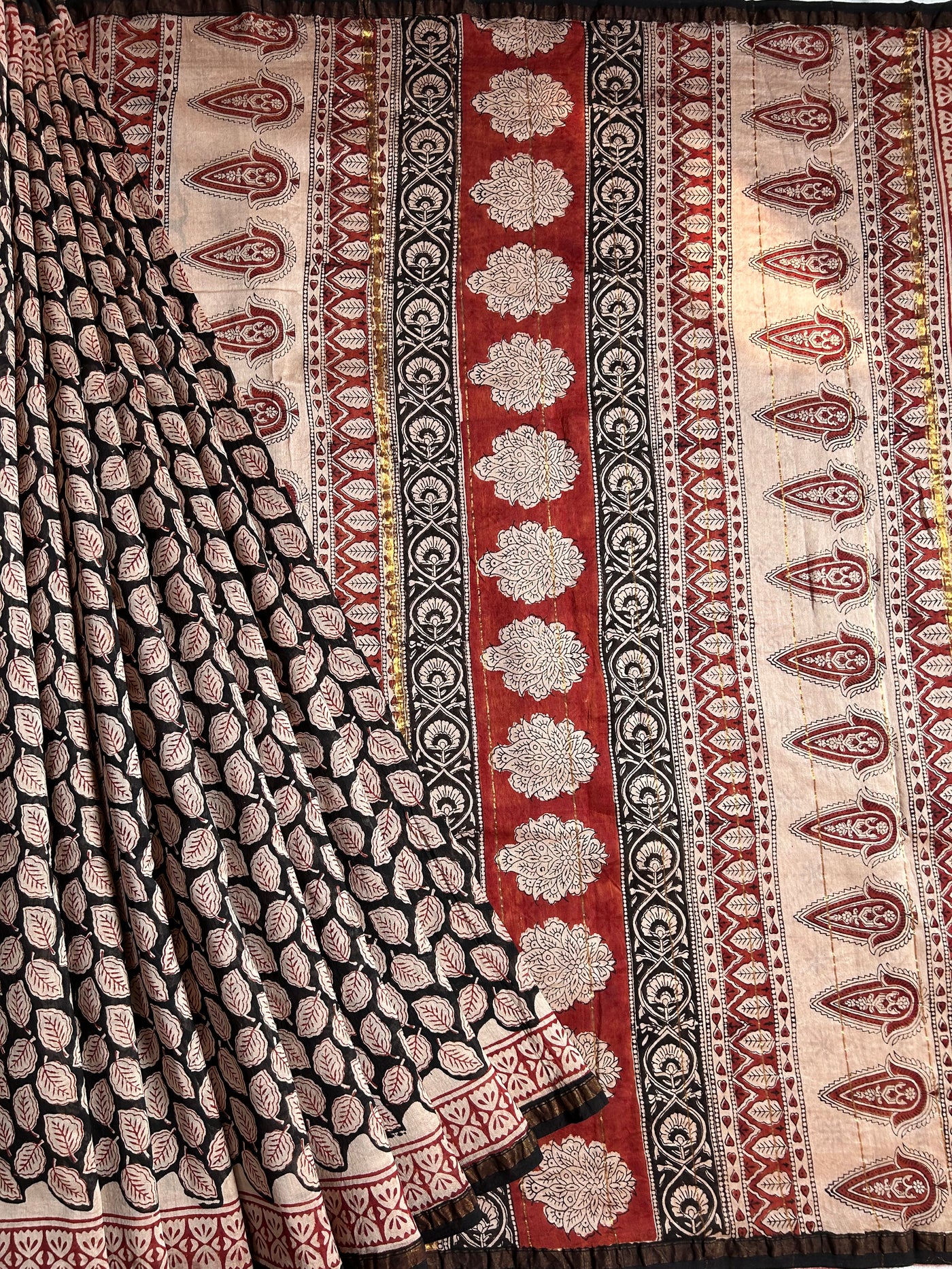 SITARA: HANDBLOCK BAGRU PRINT CHANDERI SILK-COTT SAREE WITH ZARI BORDER.