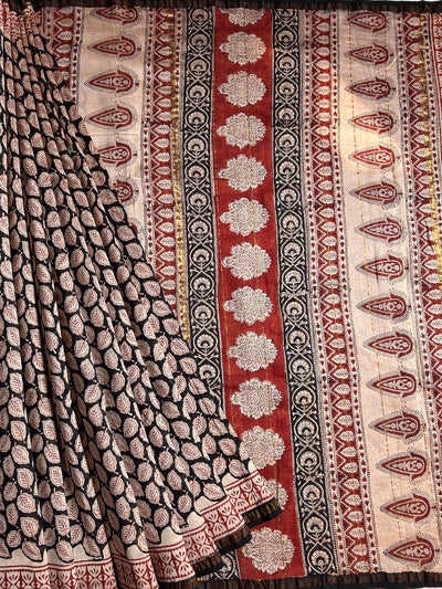 SITARA: HANDBLOCK BAGRU PRINT CHANDERI SILK-COTT SAREE WITH ZARI BORDER.