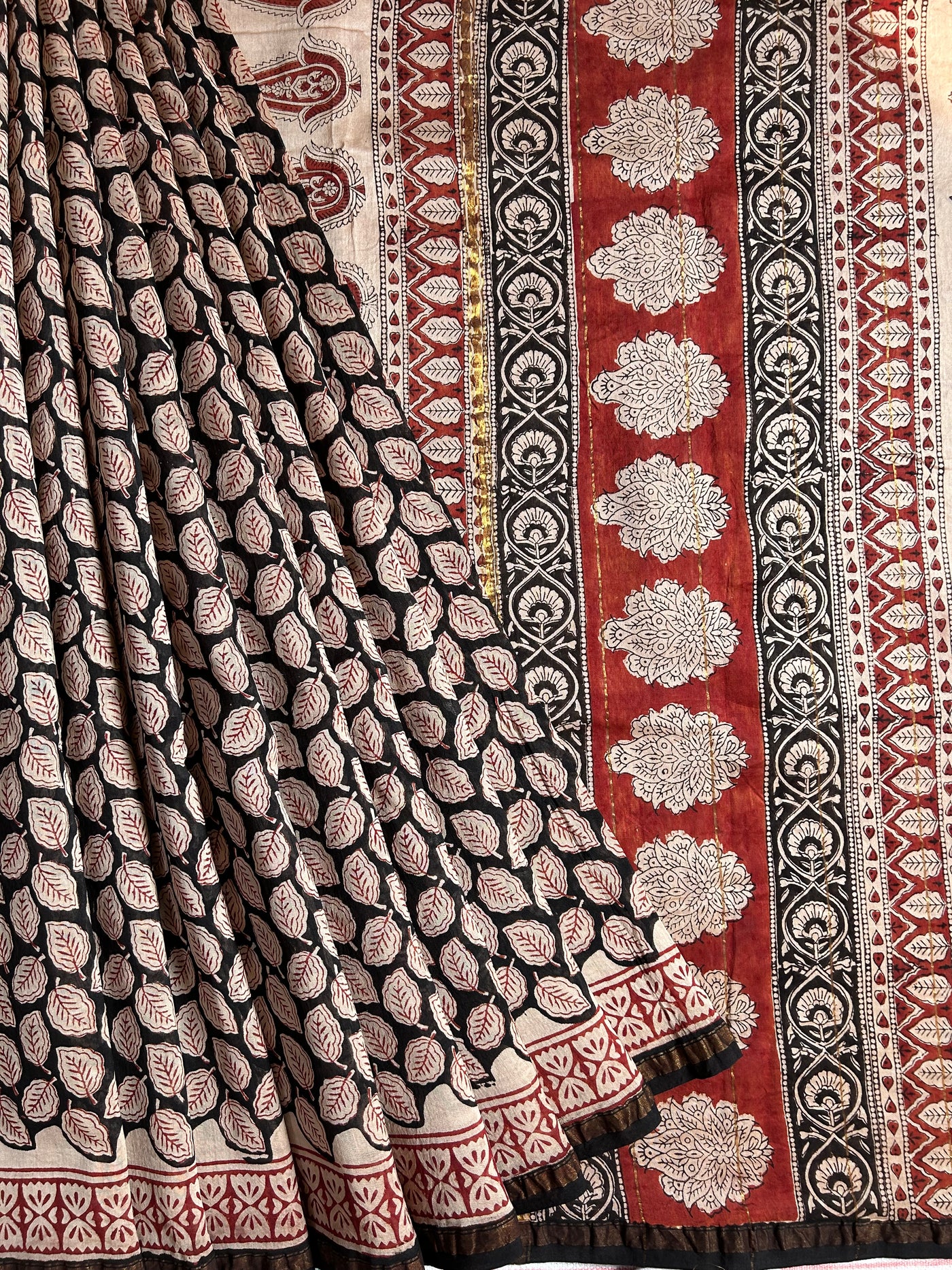 SITARA: HANDBLOCK BAGRU PRINT CHANDERI SILK-COTT SAREE WITH ZARI BORDER.