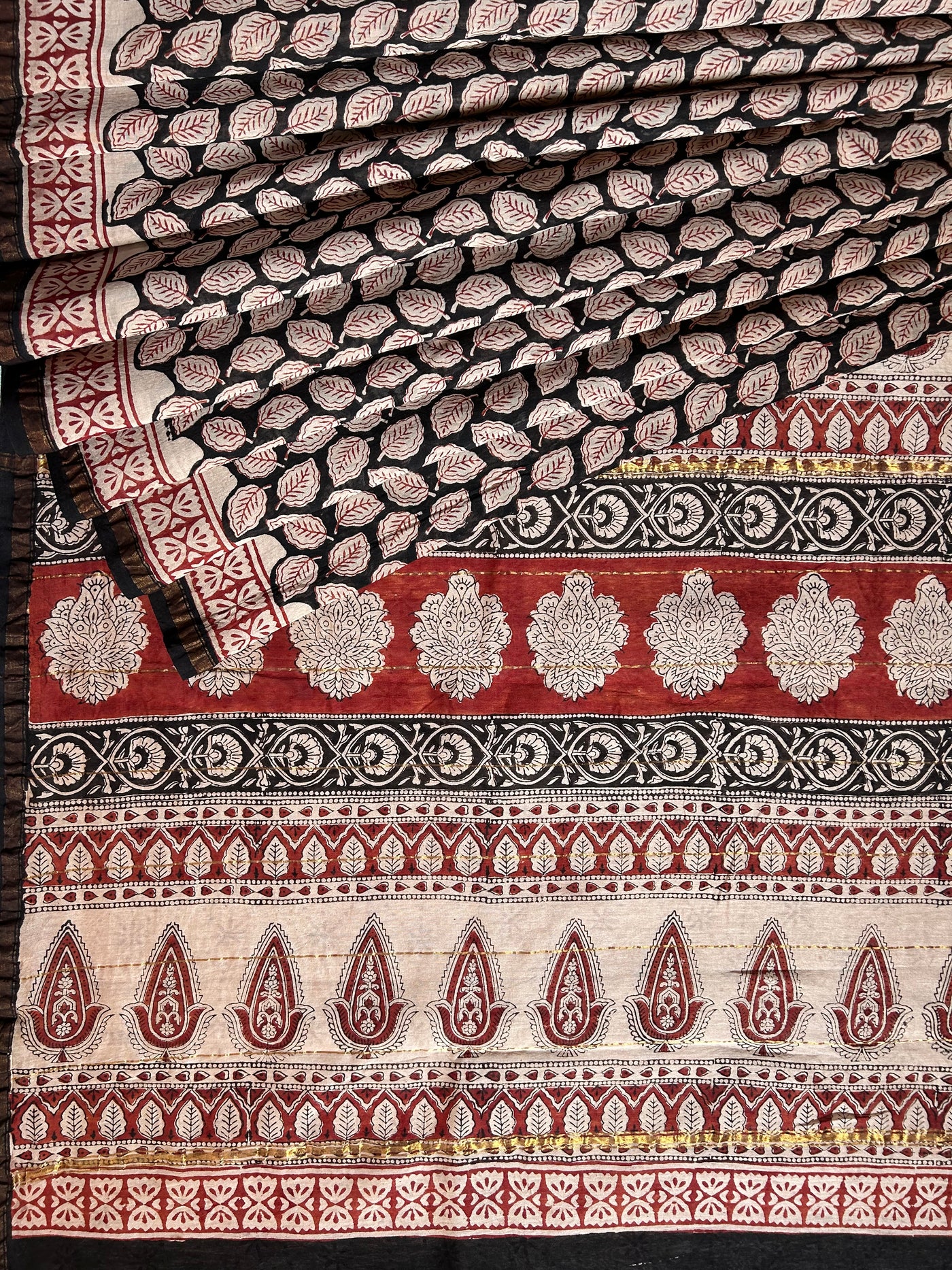 SITARA: HANDBLOCK BAGRU PRINT CHANDERI SILK-COTT SAREE WITH ZARI BORDER.