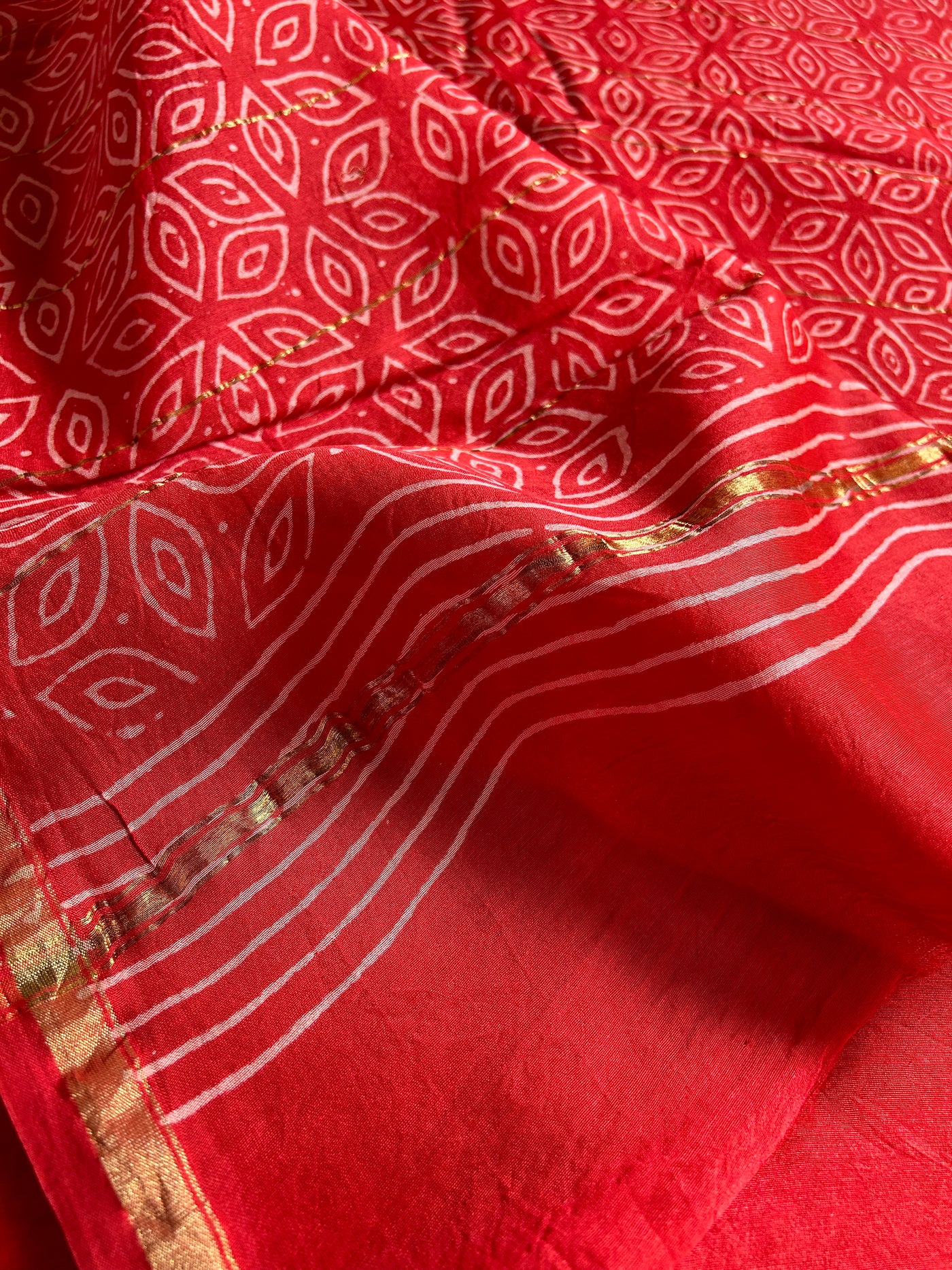 SANA: HANDBLOCK BAGRU PRINT CHANDERI SILK-COTT SAREE WITH ZARI BORDER.