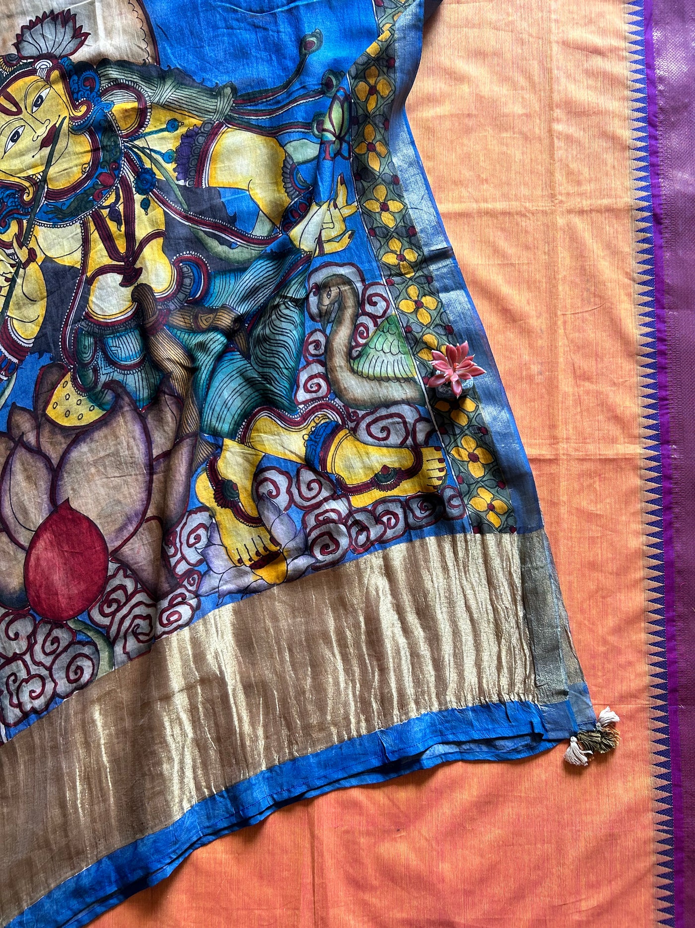 MERE KANHA:ORANGE,HANDDRAWN&HANDPAINTED PENKALAMKARI CHANDERI TISSUE DUPATTA WITH KANCHIPURAM COTTON SUIT SET