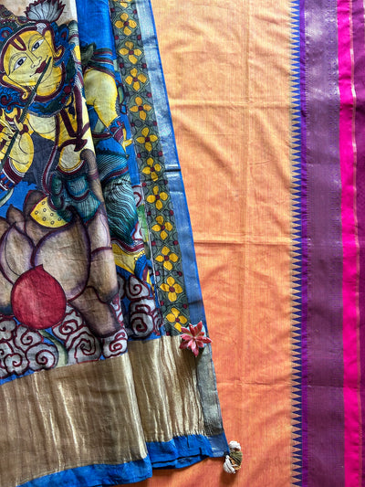 MERE KANHA:ORANGE,HANDDRAWN&HANDPAINTED PENKALAMKARI CHANDERI TISSUE DUPATTA WITH KANCHIPURAM COTTON SUIT SET