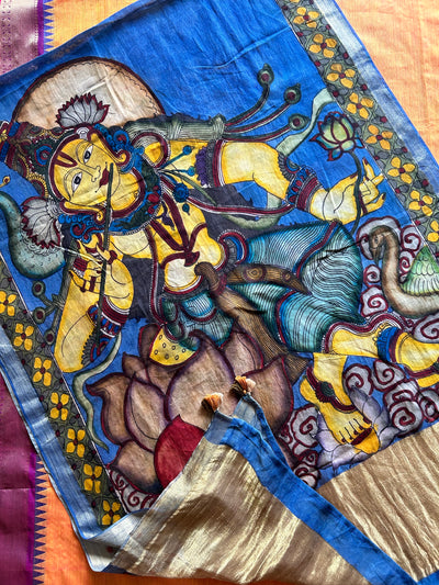 MERE KANHA:ORANGE,HANDDRAWN&HANDPAINTED PENKALAMKARI CHANDERI TISSUE DUPATTA WITH KANCHIPURAM COTTON SUIT SET