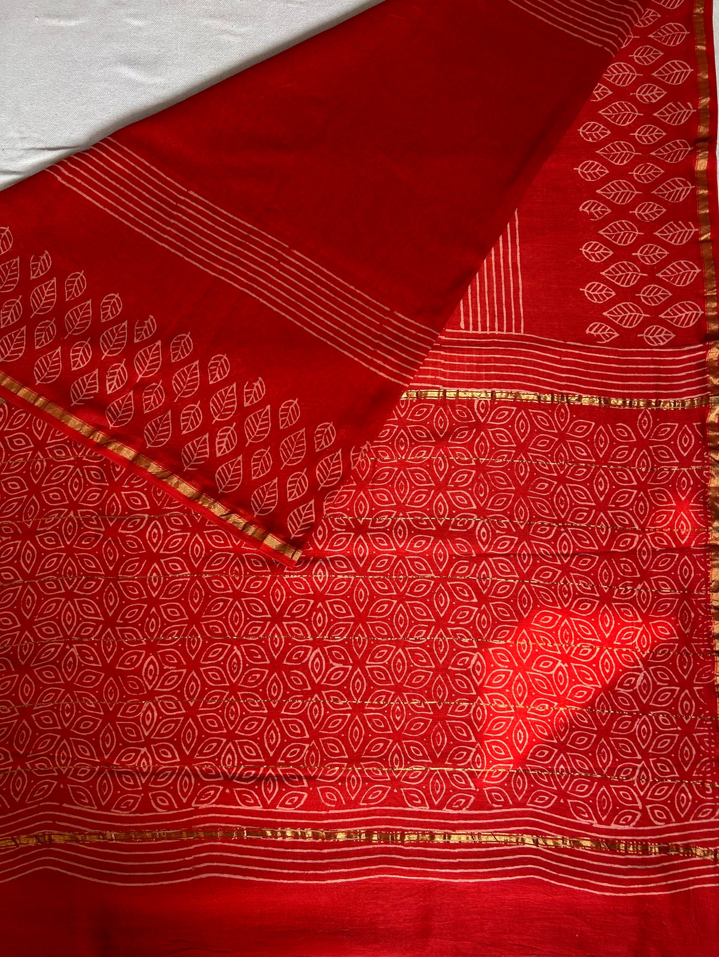 SANA: HANDBLOCK BAGRU PRINT CHANDERI SILK-COTT SAREE WITH ZARI BORDER.