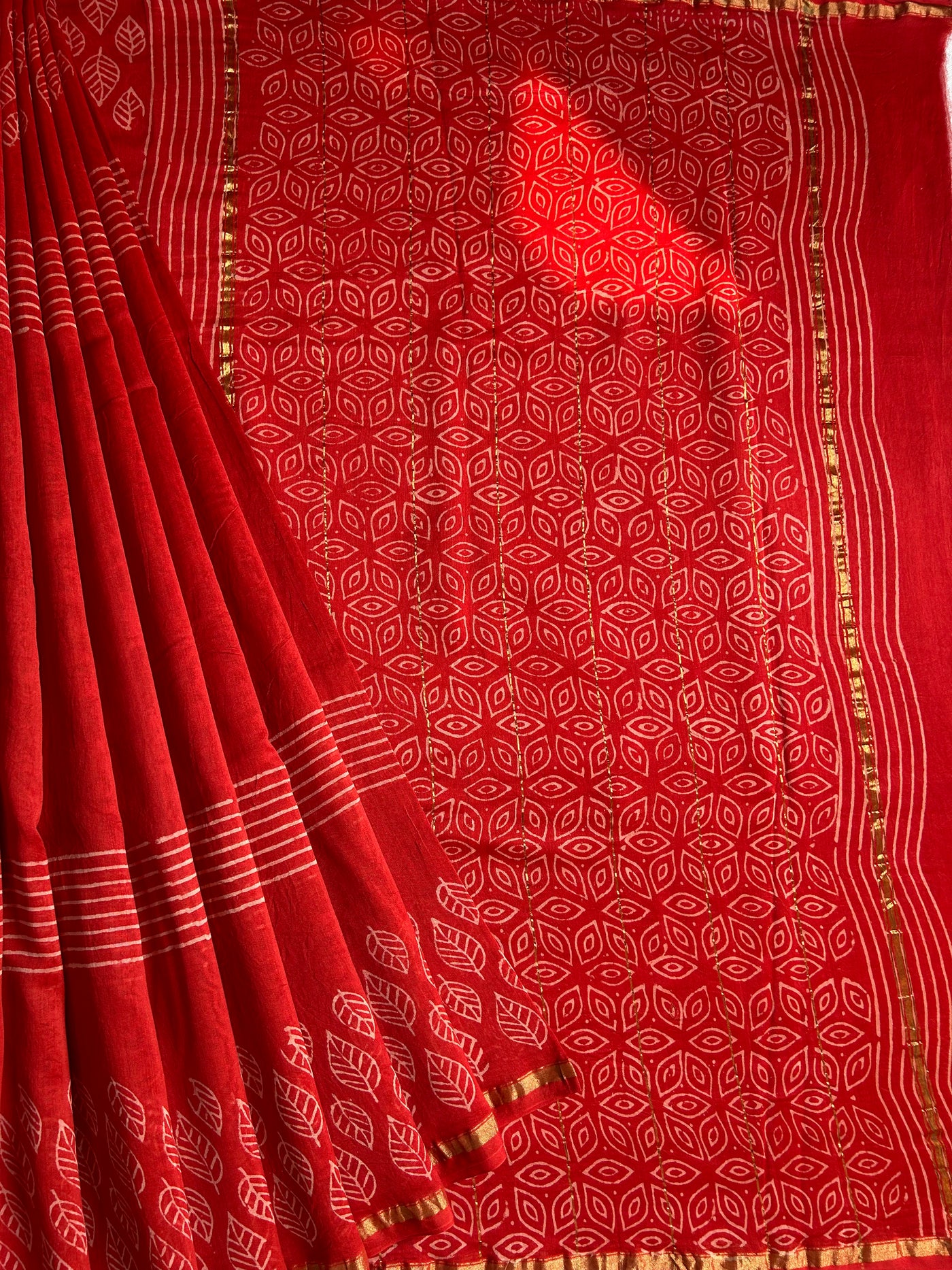 SANA: HANDBLOCK BAGRU PRINT CHANDERI SILK-COTT SAREE WITH ZARI BORDER.