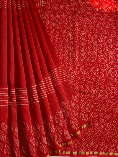 SANA: HANDBLOCK BAGRU PRINT CHANDERI SILK-COTT SAREE WITH ZARI BORDER.