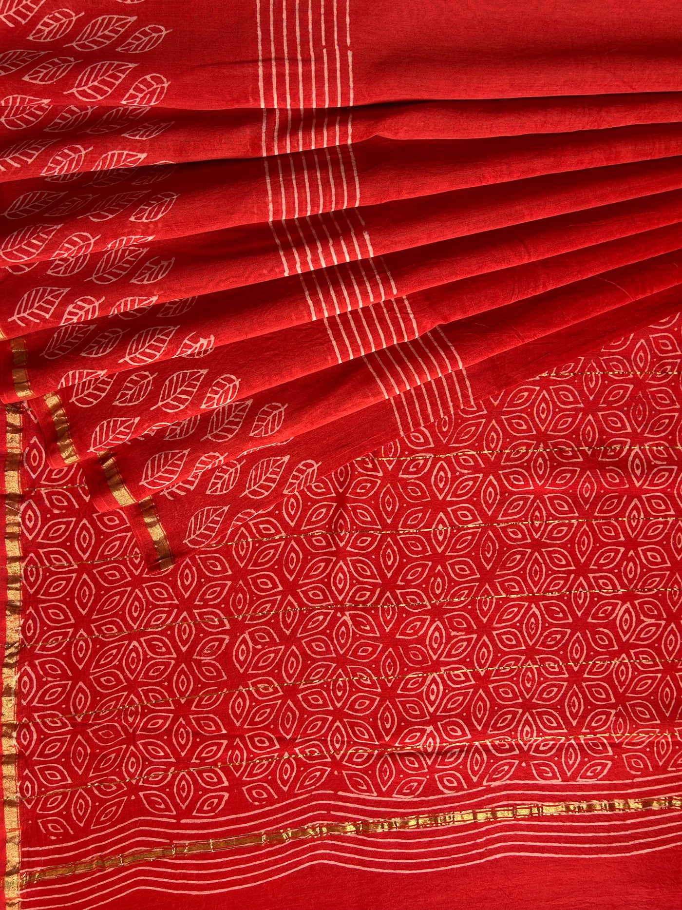 SANA: HANDBLOCK BAGRU PRINT CHANDERI SILK-COTT SAREE WITH ZARI BORDER.