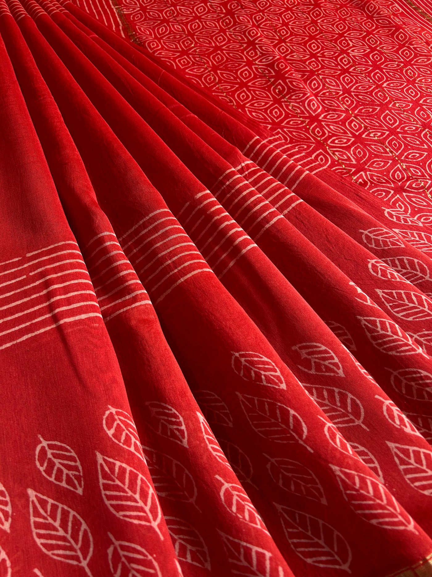 SANA: HANDBLOCK BAGRU PRINT CHANDERI SILK-COTT SAREE WITH ZARI BORDER.