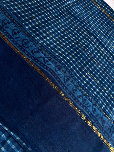 MUKTA: HANDBLOCK BAGRU PRINT CHANDERI SILK-COTT SAREE WITH ZARI BORDER.