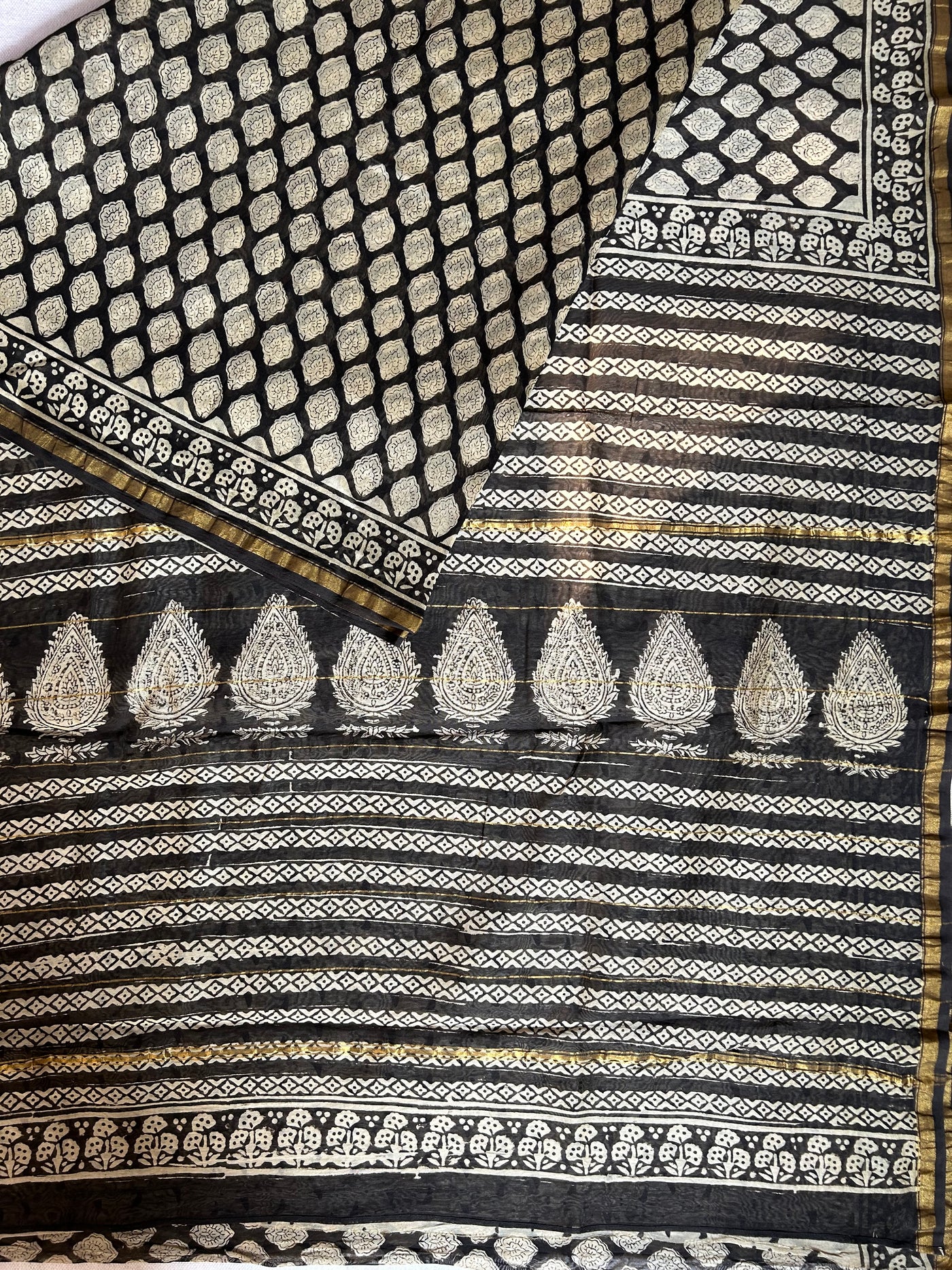 ANANYA : HANDBLOCK BAGRU PRINT CHANDERI SILK-COTT SAREE WITH ZARI BORDER.