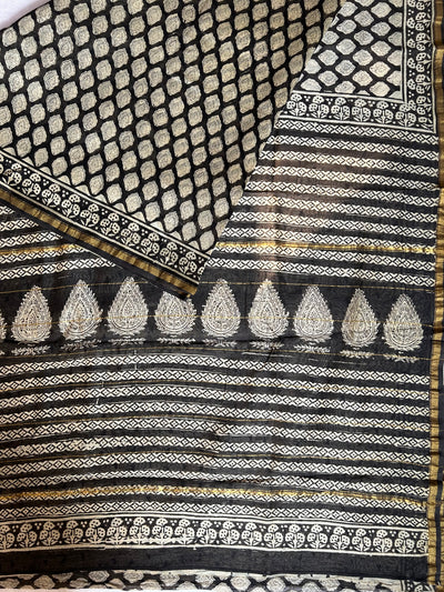 ANANYA : HANDBLOCK BAGRU PRINT CHANDERI SILK-COTT SAREE WITH ZARI BORDER.