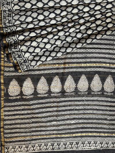 ANANYA : HANDBLOCK BAGRU PRINT CHANDERI SILK-COTT SAREE WITH ZARI BORDER.