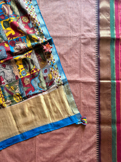 ALBELI:PINKISH BROWN,HANDDRAWN&HANDPAINTED PENKALAMKARI CHANDERI TISSUE DUPATTA WITH KANCHIPURAM COTTON SUIT SET