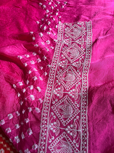 KUNDAN : Handmade Bandhani Modal Silk Saree With Thread Embroidery Work