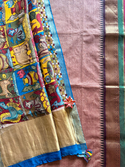 ALBELI:PINKISH BROWN,HANDDRAWN&HANDPAINTED PENKALAMKARI CHANDERI TISSUE DUPATTA WITH KANCHIPURAM COTTON SUIT SET