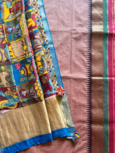 ALBELI:PINKISH BROWN,HANDDRAWN&HANDPAINTED PENKALAMKARI CHANDERI TISSUE DUPATTA WITH KANCHIPURAM COTTON SUIT SET