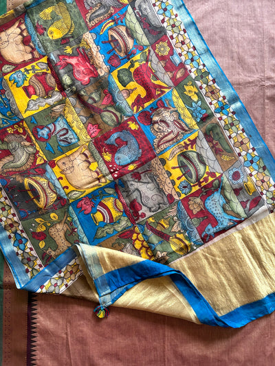 ALBELI:PINKISH BROWN,HANDDRAWN&HANDPAINTED PENKALAMKARI CHANDERI TISSUE DUPATTA WITH KANCHIPURAM COTTON SUIT SET