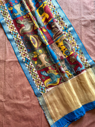 ALBELI:PINKISH BROWN,HANDDRAWN&HANDPAINTED PENKALAMKARI CHANDERI TISSUE DUPATTA WITH KANCHIPURAM COTTON SUIT SET