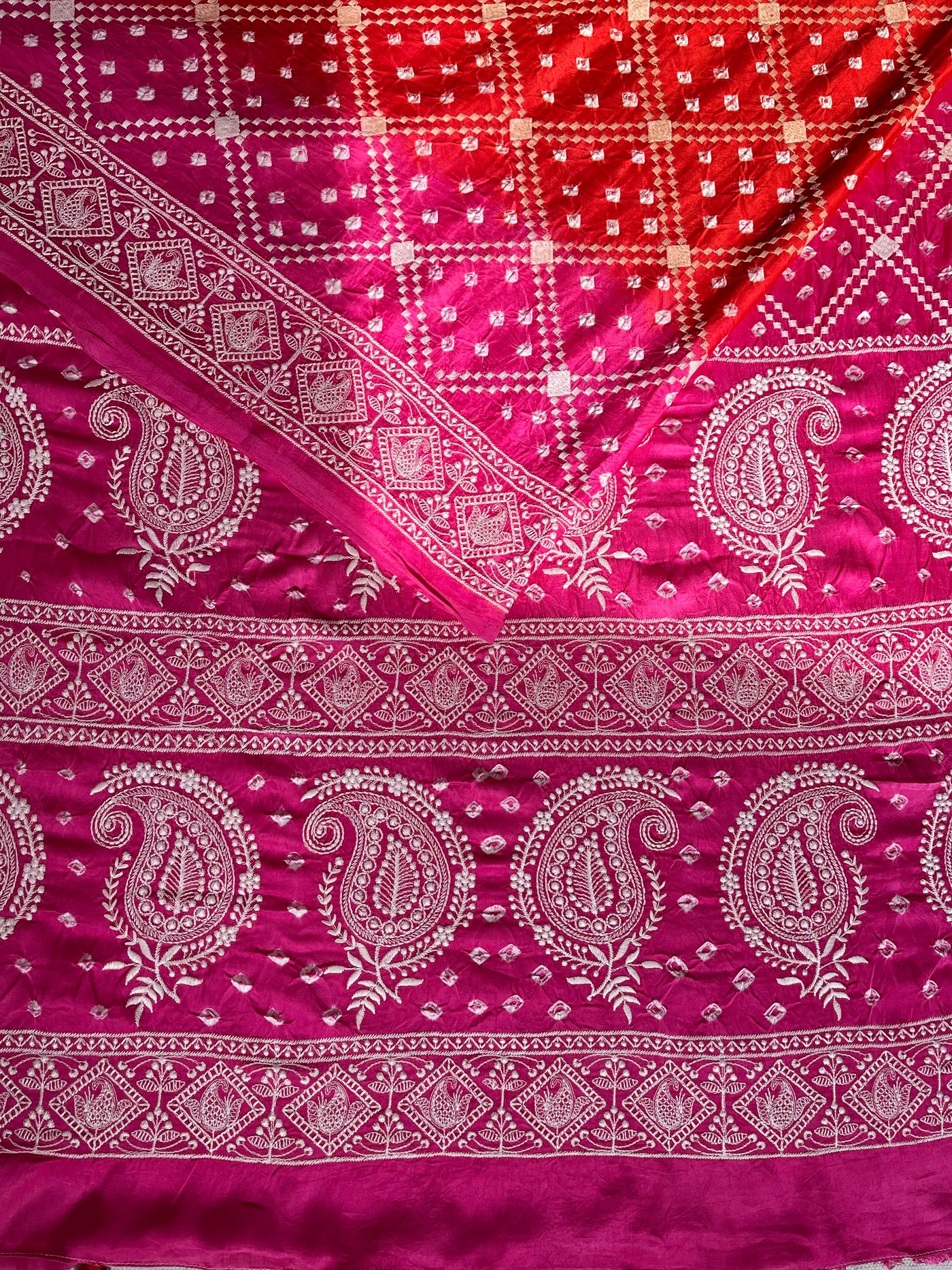 KUNDAN : Handmade Bandhani Modal Silk Saree With Thread Embroidery Work