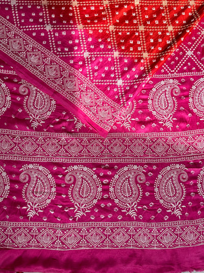 KUNDAN : Handmade Bandhani Modal Silk Saree With Thread Embroidery Work